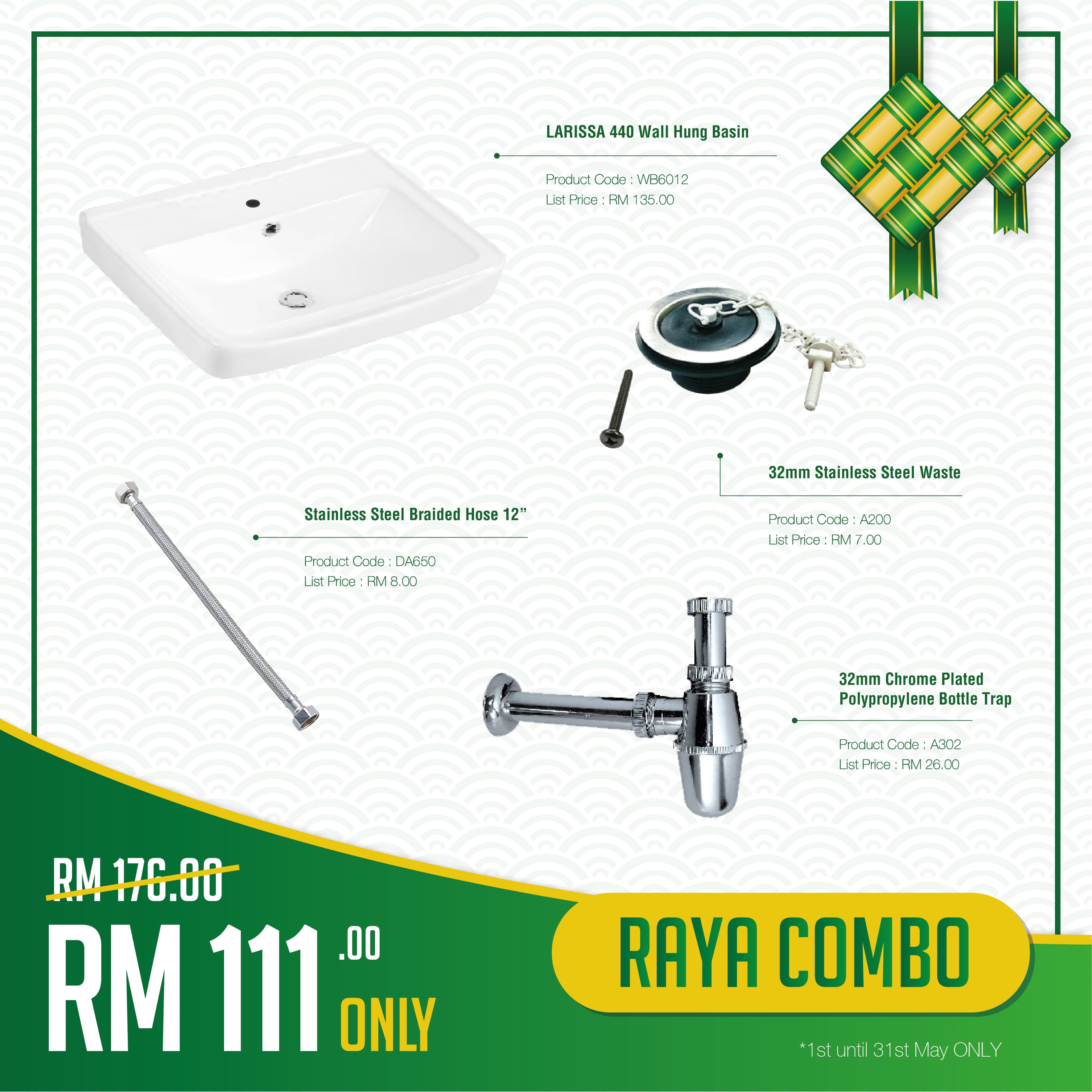 RAYA COMBO PROMOTION Larissa Wall Hung Basin + Braided Hose 12 Inch + Stainless Steel Waste + Chrome